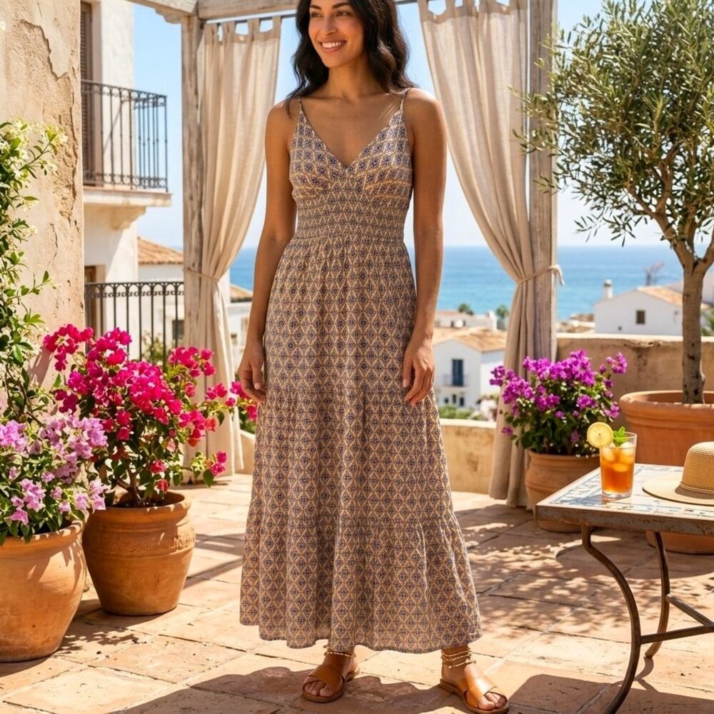 Patrons of Peace Cream Blue Boho Maxi Dress Size S NWT Western Festival Indie
